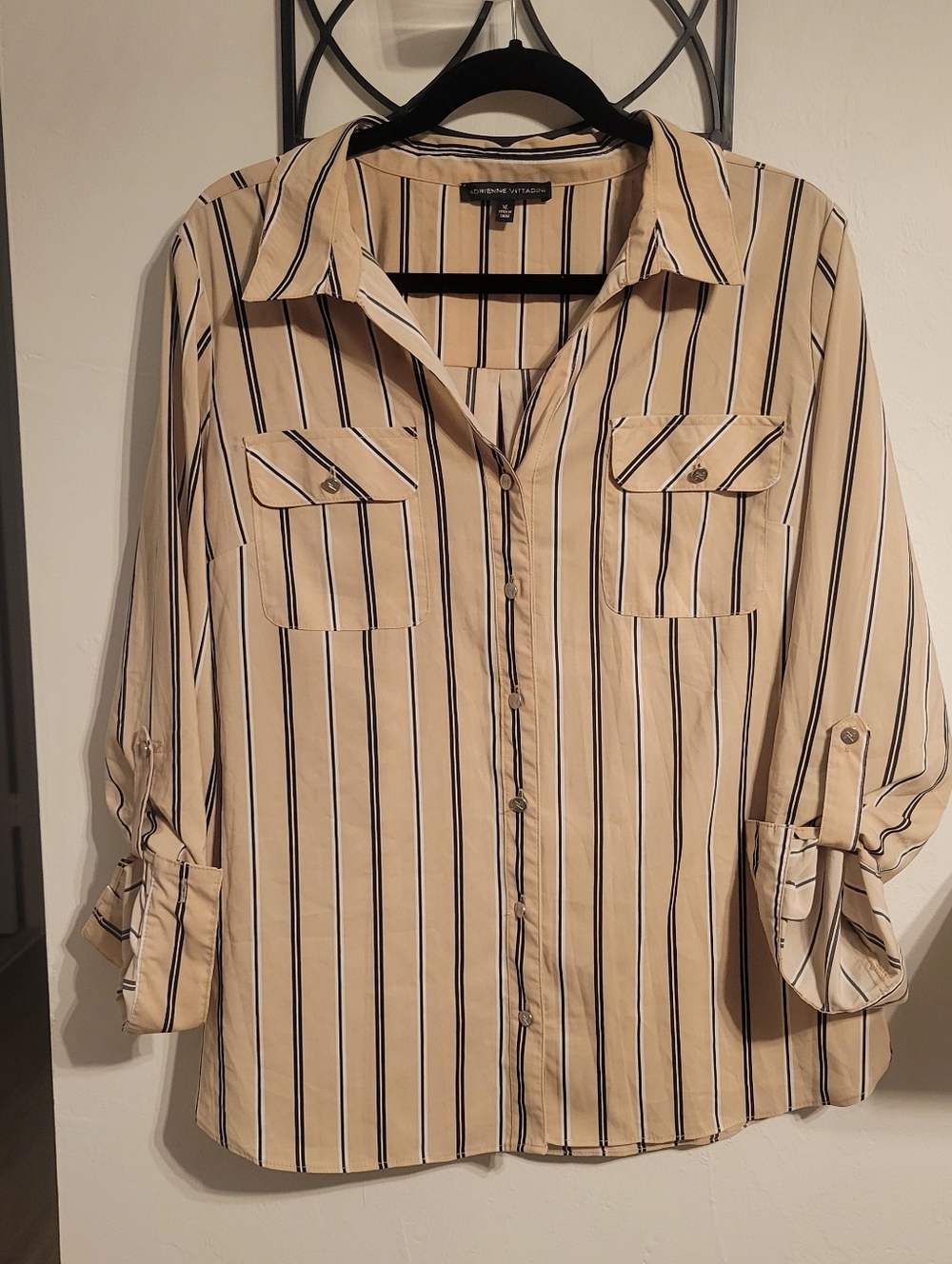 Adrienne Vittadini Button Down Womens XL Blouse V Neck Pinstripe Business Chic
